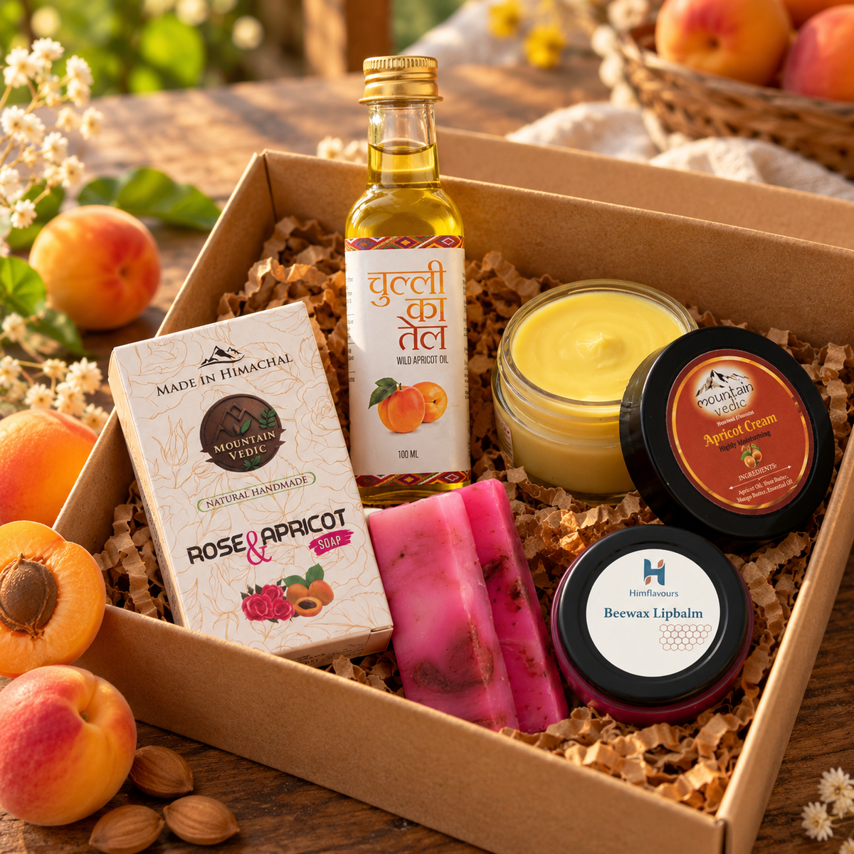 Wild Apricot Glow Pack with apricot oil, apricot cream, soap and lip balm in a gift box