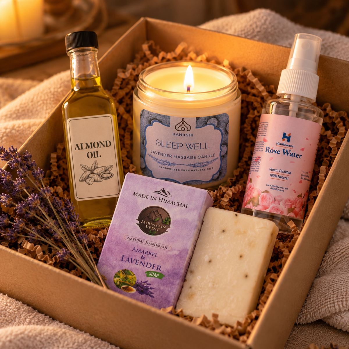 Spa Night Pack with lavender massage candle, badam oil, rosewater and lavender soap
