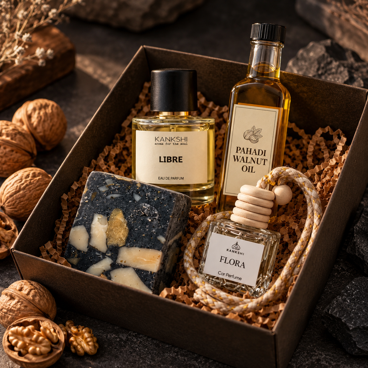 For Him Body Care Pack with perfume, walnut oil, charcoal soap and car perfume in a gift box