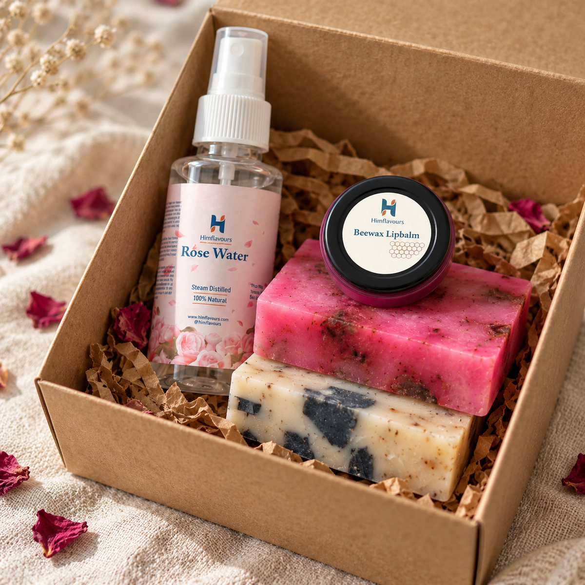 Pahadi Everyday Care Pack with handmade soaps, rosewater and lip balm in a gift box