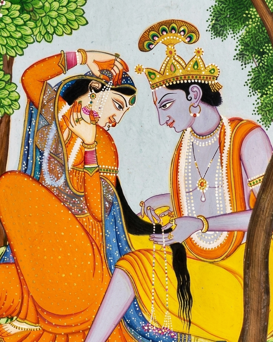 Krishna arranging the tresses of Radha
