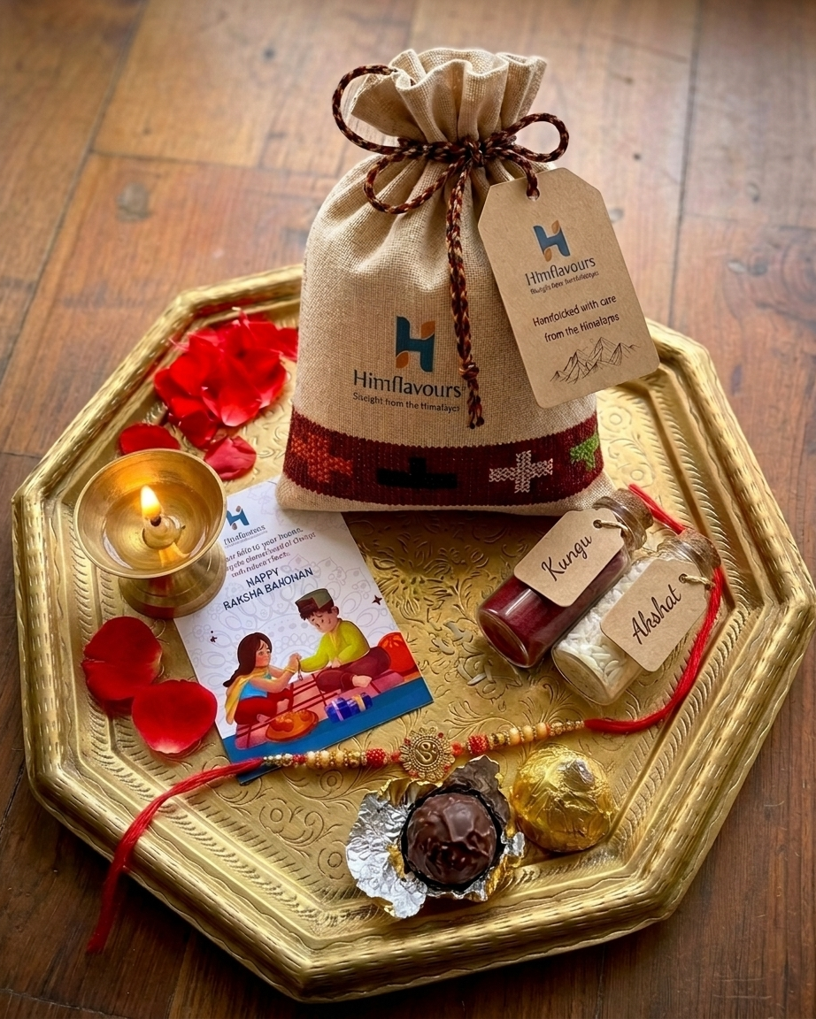 Pahadi Rakhi Potli - handcrafted cotton potli with Himachali patti trim, Rakhi gift set