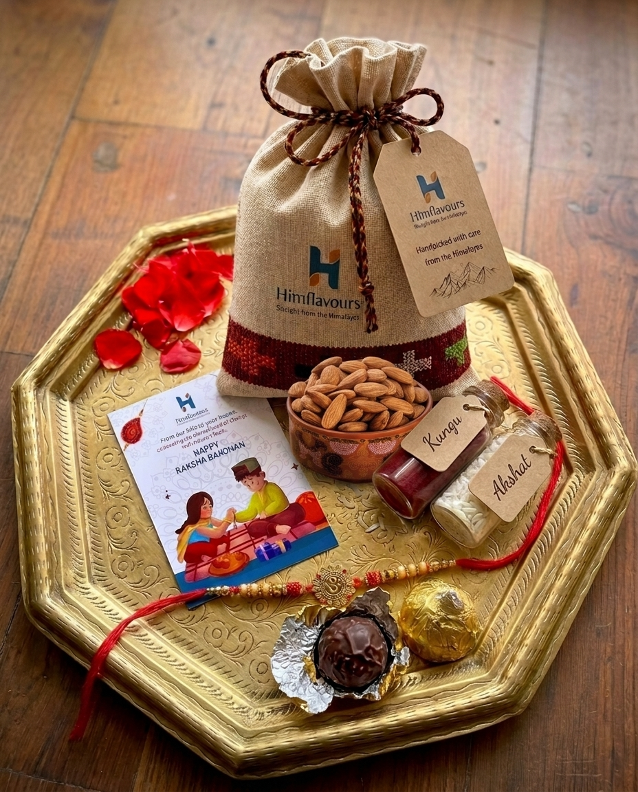 Rakhi gift potli with almonds, rakhi, chocolates and akshat-kumkum