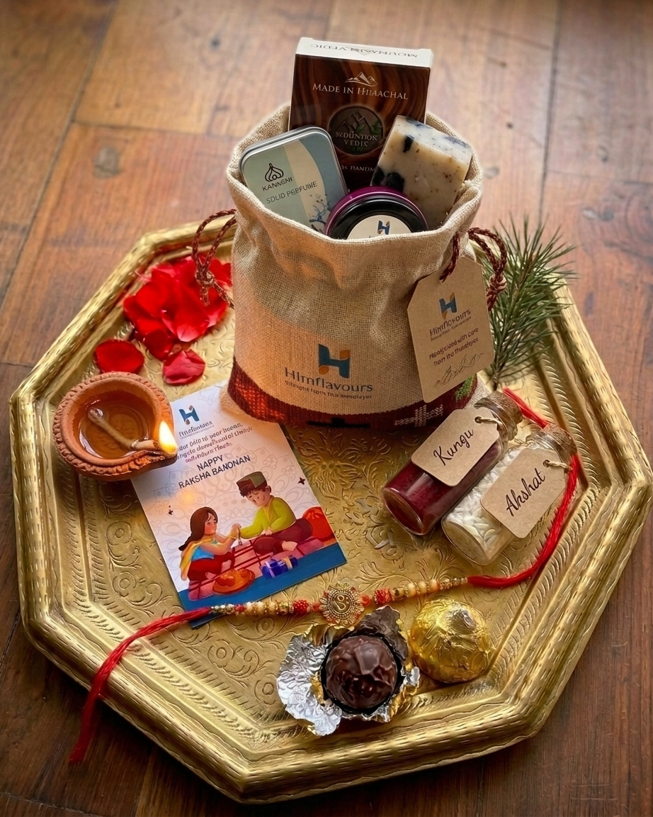 Rakhi gift potli with natural soap, solid perfume, lip balm, rakhi and akshat-kumkum