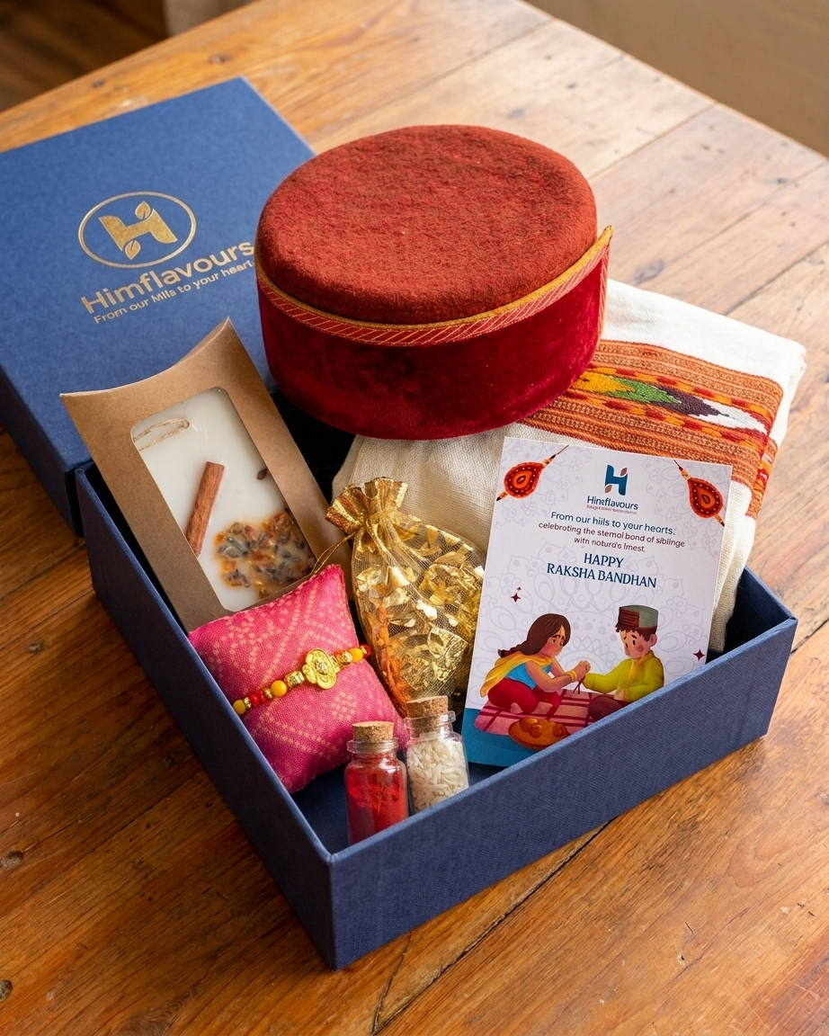 Himachali handloom Rakhi gift box with Kullu muffler, cap, rakhi and soya wax sachet