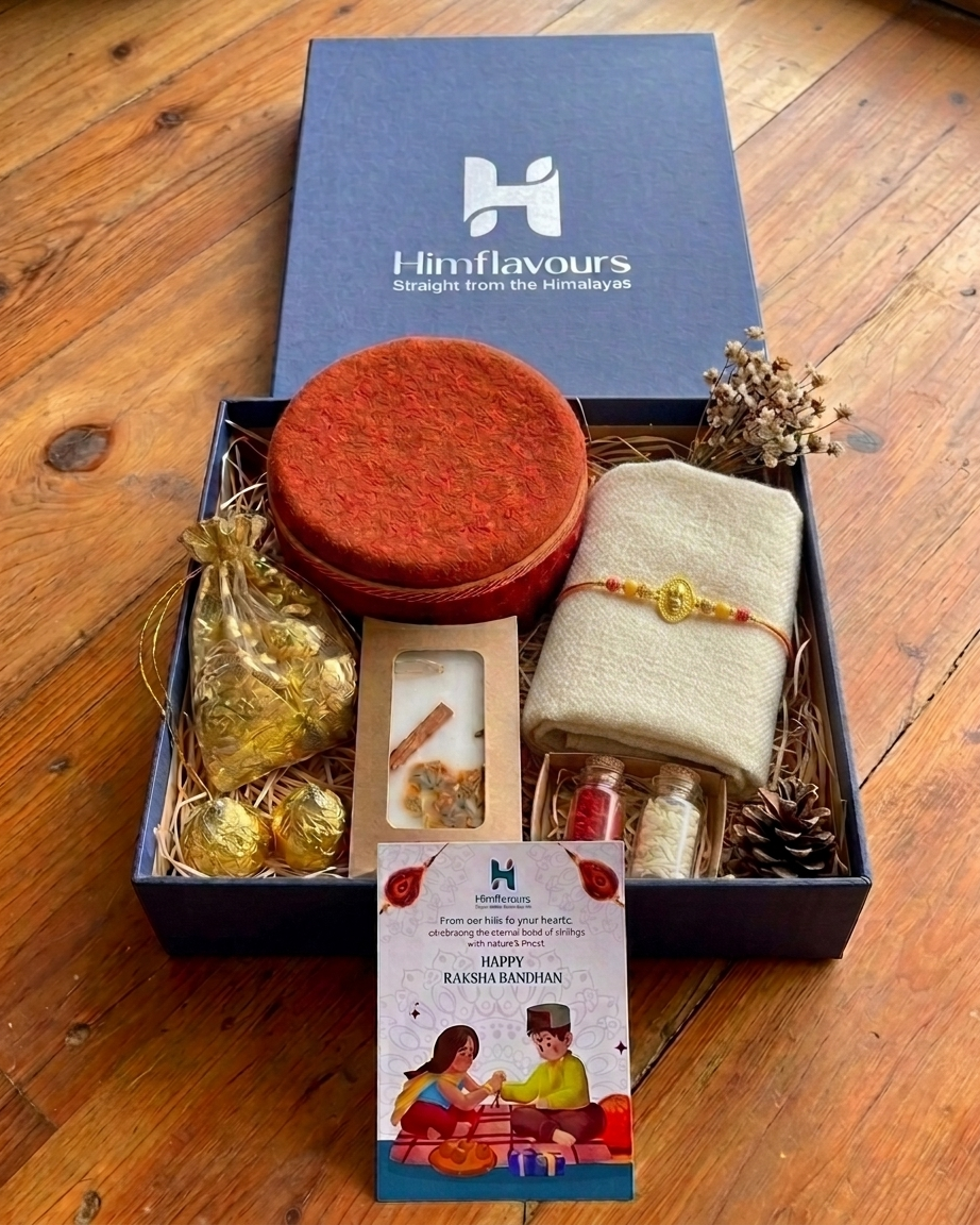 Kullu shawl Rakhi gift box with Himachali cap, rakhi and chocolates
