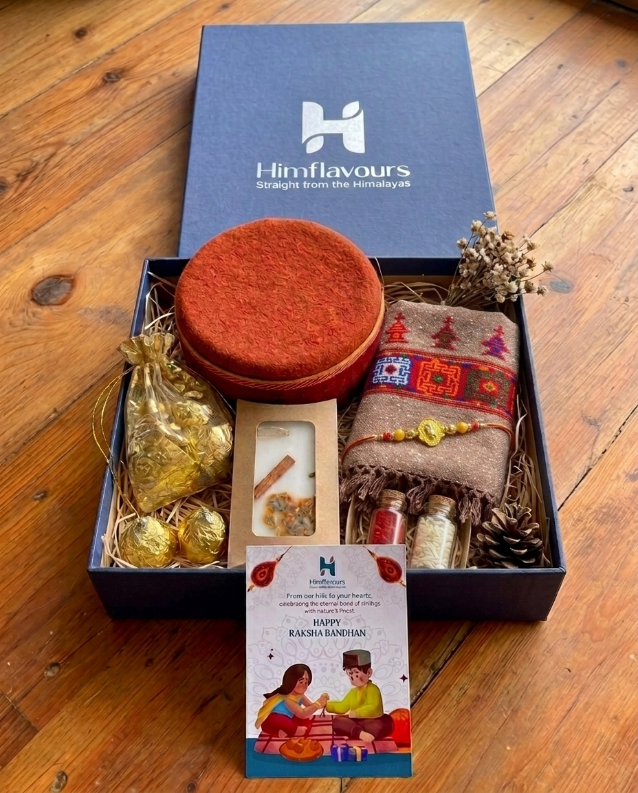 Kinnauri muffler Rakhi gift box with Himachali cap, rakhi and chocolates